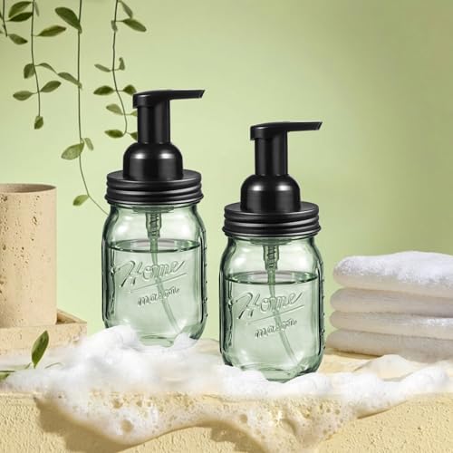 SheeChung 16 Oz Mason Jar Foaming Soap Dispenser, Stainless Steel Lid, BPA Free Pump, Green Glass Foam Hand Soap Dispenser, Refillable Liquid Foam Dispenser Bottle for Bathroom Kitchen-Black, 2 Pack - color: Regular Mouth, Black-2 Pack