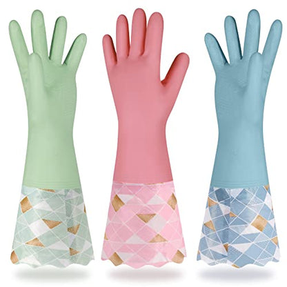Household Cleaning Gloves 3 Pairs Reusable Dishwashing Gloves Latex Free, Non-Slip Kitchen Glove with Cotton Lined, Waterproof Dish Washing Gloves