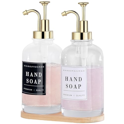 Dish and Hand Soap Dispenser for Kitchen,Glass Soap Dispenser with Pump,Tray,Funnel, Set of 2 Countertop Soap and Lotion Dispenser for Bathroom,Shower,500ml/16.9oz, - color: Ks-5010-34y-2g