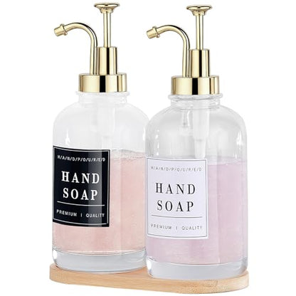 Dish and Hand Soap Dispenser for Kitchen,Glass Soap Dispenser with Pump,Tray,Funnel, Set of 2 Countertop Soap and Lotion Dispenser for Bathroom,Shower,500ml/16.9oz, - color: Ks-5010-34y-2g
