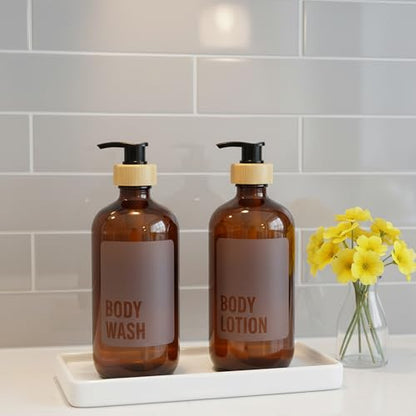 SAVVY & SORTED Amber Glass Body Lotion Dispenser with Pump, Soap Dispenser Bathroom Set, Refillable Glass Lotion Bottle with Label, Matching Soap and Lotion Dispenser Set Available, 17 Fl Oz / 500 ml - color: Amber - Body Lotion 500 Ml