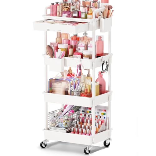Goovilla Rolling Makeup Organizer Cart with Removable Drawer, 4 Tier Stable White Floor Skincare Storage Cart for Vanity, Cosmetic Display, Nail Polish, Perfume, Hair Stuff, Beauty, Bathroom(Plastic) - color: White, size: 4 Tier