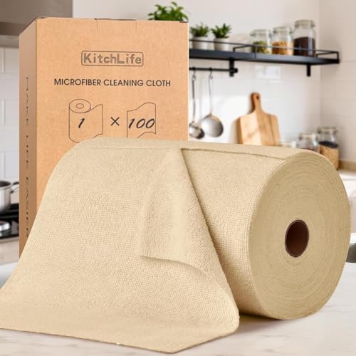 KitchLife Microfiber Cleaning Cloth Roll, 100 Pack - Tear-Away Microfiber Paper Towels, Lint-Free, Reusable, Washable for Kitchen, Car, Dishes, and Sensitive Surfaces (Wheat) - color: Wheat, size: 100 Pack