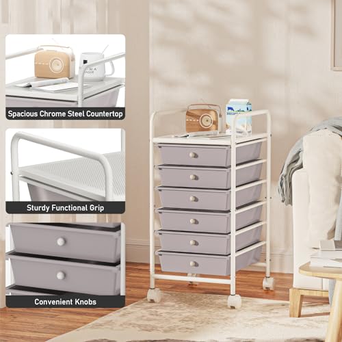 6-Tier Utility Cart with 6 Drawers, Rolling Utility Cart with 2 Lockable Caster Wheels, Multipurpose Mobile Rolling Drawer Cart for Office Bathroom Kitchen, Gray - size: Gray, 6-Tier