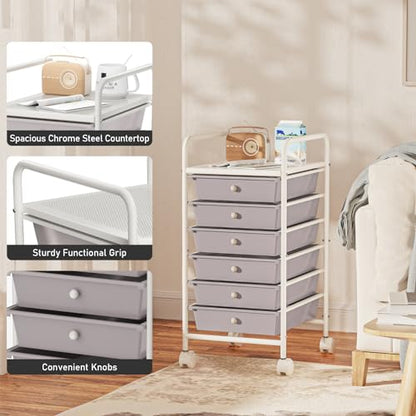 6-Tier Utility Cart with 6 Drawers, Rolling Utility Cart with 2 Lockable Caster Wheels, Multipurpose Mobile Rolling Drawer Cart for Office Bathroom Kitchen, Gray - size: Gray, 6-Tier