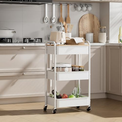 3 Tier Rolling Cart with Table top, Metal Rolling Utility Cart on Wheels, Sturdy Storage Organizer Cart with Hooks for Office, Classroom, Kitchen and Bathroom (White) - color: White