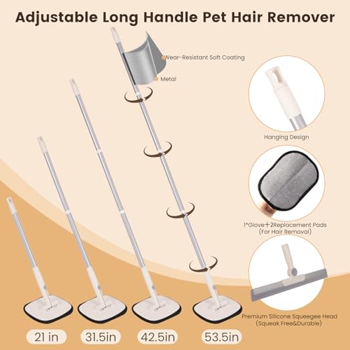 Pet Hair Remover for Cat & Dog, Reusable Pet Hair Removal Tool with Adjustable Long Handle for Pet Fur on Carpet Stair Couch, Electrostatic Carpet Rake Brush Squeegee for Floor & Glove 3 in 1