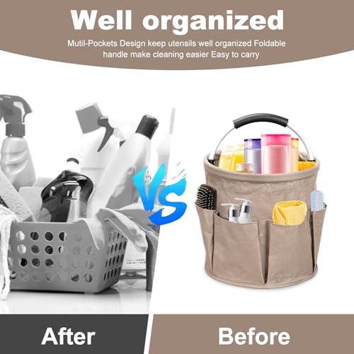 Qivine 17L Cleaning Caddy with Handle, Cleaning Supply Caddy, Foldable Tool Bag Cleaning Products Organizer, Portable Cleaning Bucket Caddy for Cleaning Supplies (Khaki) - color: Khaki