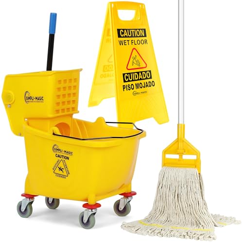 Simpli-Magic Side Press Wringer Combo Commercial Mop Bucket on Wheels, 35 Quart,Yellow, Including Wet Floor Caution Sign and Set, Polyethylene - color: Yellow Bucket, size: 35Q Capacity