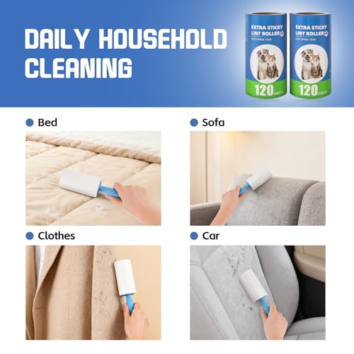 Lint Roller Refills with Handle 6 Pack (720 Sheets) | Extra Sticky, Fit 3.8"-4" Standard Size Lint Roller, Inner Diameter at 1.5", For Pet Hair, Clothes, Furniture, Cars - color: 6 Pack With Handle