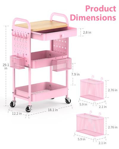 ALVOROG Rolling Cart with Drawer and Wood Table Top, 3 Tier Metal Rolling Utility Cart on Wheels with DIY Pegboards, Hanging Baskets,Hooks for Kitchen, Bedroom, Office, Craft Supplies - color: Cherry Blossom Pink