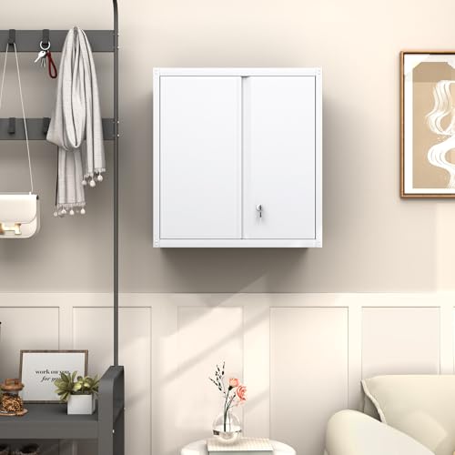 GREATMEET Locking Metal Wall Cabinet, Metal Storage Cabinet with 2 Shelves, Wall Mount Cabinet with Lock, Floating Garage Cabinets with Adjustable Shelf - color: White, size: 27.95"H