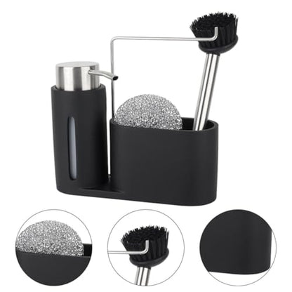 Artibetter 4 in 1 Cooking and Bathroom Storage Shelf with Soap Dispenser Set, Stainless Steel and Resin Cleaning Rack, Space-Saving Holder for Long Time Use in Black