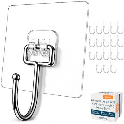 GLUIT Adhesive Large Wall Hooks for Hanging Heavy Duty 22 lbs Hooks for Walls No Drill, Towel Sticky Clear Hooks, Waterproof, Home, Bathroom, Kitchen, Office, and Outdoor, 18 Pack - size: Large, 18 pcs