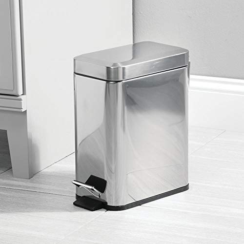 mDesign Small Modern 1.3 Gallon Rectangle Metal Lidded Step Trash Can, Compact Garbage Bin with Removable Liner Bucket and Handle for Bathroom, Kitchen, Craft Room, Office, Garage - Chrome - color: Chrome, size: 1.3 Gallon