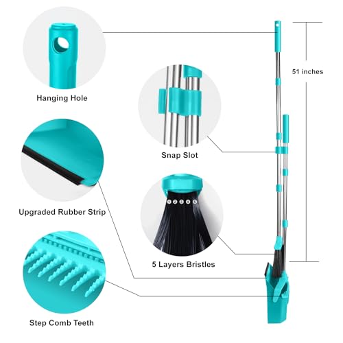 Tiumso Upgrade Broom with Dustpan Combo Set, Broom and Dustpan Set with 51'' Long Handle, Large Upright Brooms and Dust Pans, ZeroGap Lip, Self-Cleaning Dustpan Teeth for Lobby and Restaurant - Blue - color: Blue