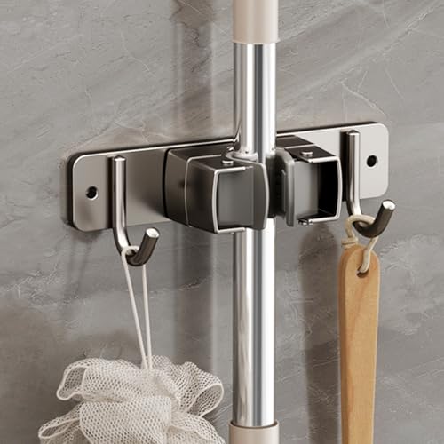 Wall-Mounted Broom Holder Stainless Steel Mop Storage Rack Laundry Room Storage Solution Suitable for Kitchens, Gardens,Garages (Option C: 1 clip with 2 hooks) - color: Option C: 1 clip with 2 hooks