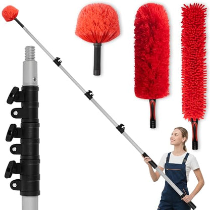 12 FT Cobweb Duster with Extension Pole, 20 FT High Reach Ceiling Fan Cleaner Duster for Home, 3.5-12 FT Extendable Pole with 3 Pcs Dusting Tools, Cubweb Brush, Feather Dusters, Ceiling Fan Duster - size: 12 FT