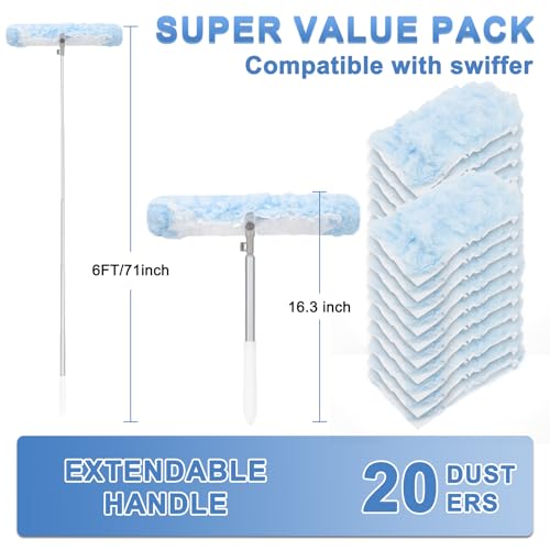 KeFanta Duster Refill Kit with 6 ft Super Extendable Handle Compatible with Swiffer, 360° Disposable Microfiber Dusting Pads for Home Cleaning, Ceiling, Fan, Window, Hard-to-Reach Areas, 20Pcs - size: 20 Count+ 6FT Extended Handle