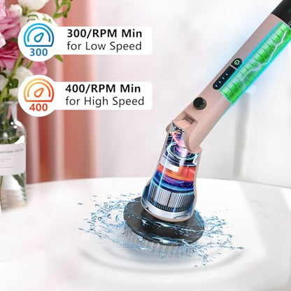 Electric Spin Scrubber, Hillyfe Bathroom Scrubber Electric with 7 Replaceable Brush Heads, IPX7 Waterproof,300/400 RPM, 3 Adjustable Length,Scrubber Brush Electric for Bathtub Floor,Pink - color: Pink