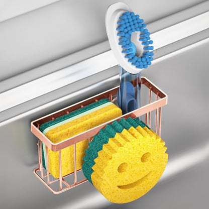 MURLONG Sponge Holder Smiley Face,Sink Caddy for Kitchen Sink,Sponge Holder with 2 PCS Suction Cups/1 PCS Adhesive Strips,Designed for Sponge,Soap,Dish Brush,Scrubber-Rose Gold - color: Rose Gold