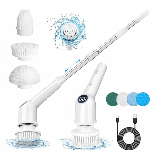 Electric Spin Scrubber,2024 Upgrade Cordless Shower Scrubber with 8 Replaceable Brush Heads and 3 Adjustable Speeds,LED Screen and Extension Handle,Power Cleaning Brush for Bathroom Tub Floor - color: White