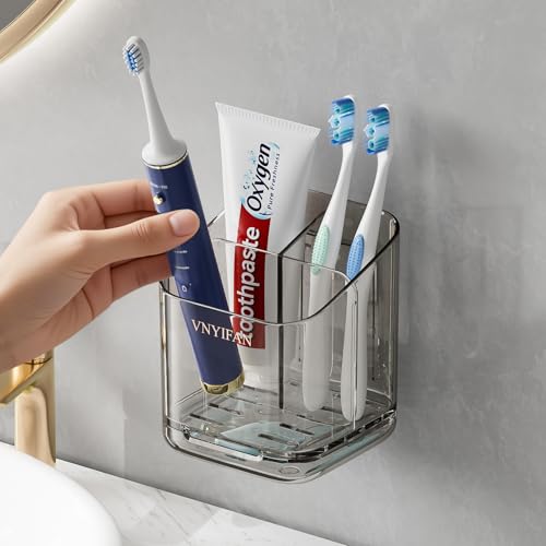 Toothbrush Holders for Bathrooms, 3 Slots Detachable Electric Toothbrush Holder Wall Mounted with Divider, Removable Tooth Brush and Toothpaste Holder Organizer for Bathroom/Kitchen/Office - color: Grey