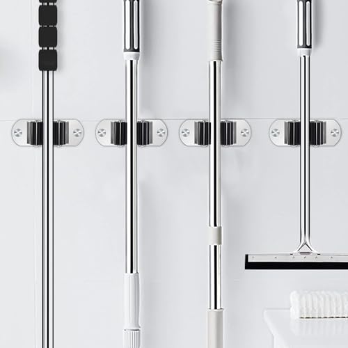 Mop and Broom Holder Wall Mount Heavy Duty Stainless Steel Wall Mounted Broom Organizer Laundry Room Home Garden Garage Storage and Organization Rack (Silver) - color: Silver