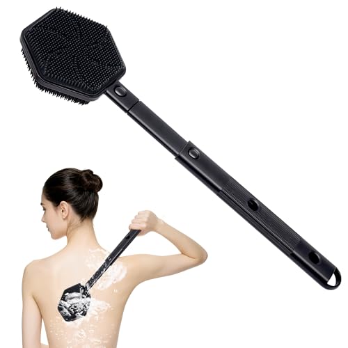 Silicone Back Scrubber for Shower with 21" Extendable Handle–Dual-Sided Long Handle Bath Brush for Exfoliating&Massage–Non-Slip Grip, Gentle&Deep Cleansing Body Brush for Men, Women, Seniors (Black) - color: Black