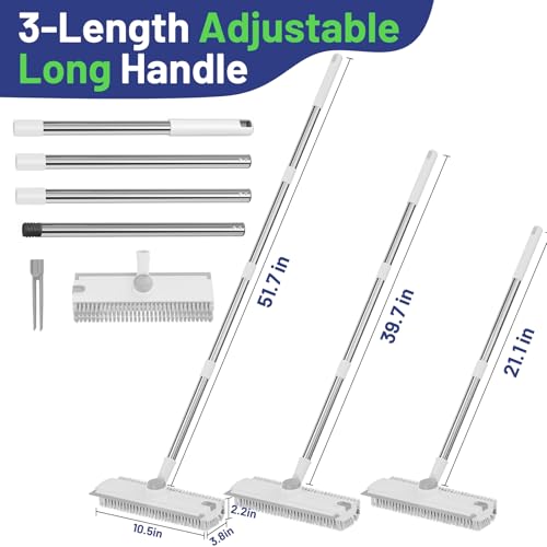 Floor Scrub Brush with Long Handle: 3 in 1 Heavy-Duty Floor Scrubber Brush with Squeegee for Cleaning Tile Bathroom Deck Kitchen Patio - White - color: White