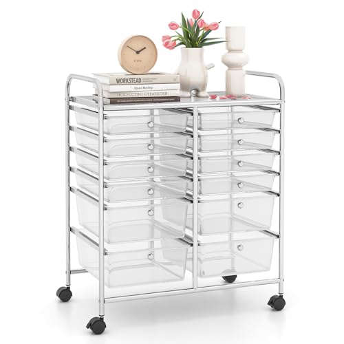 LDAILY 12 Drawer Rolling Storage Cart, Craft Cart Organizer on Wheels w/Metal Frame, Large Capacity & Smooth Drawer, Rolling Cart w/Drawers for Classroom, Office - color: Clear, size: 12 Drawer