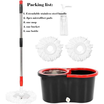 360° Spin Mop Bucket Sets with Wring System in 3 Microfiber Heads, Stainless Steel Basket 61" Extended Handle Floor Cleaning (Black)