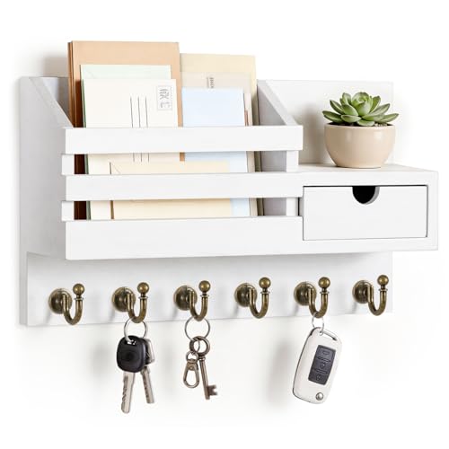 FifthQuarter Key Holder Wall Mount: Key and Mail Holder for Wall with 6 Hooks and Storage Drawer, Easy Installation Key Rack for Entryway Home Decor (A-White) - color: A-White