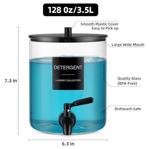 Glass Laundry Detergent Dispenser, 128 oz / 3.5L Fabric Softener Dispenser for Laundry Room Organization, Detergent Holder with 304 Spigot, Glass Soap Container (Black)