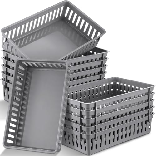 Wenqik Set of 12 Small Plastic Baskets for Organizing 10.24 x 6.5 x 2.36 Inch Pharmacy Baskets Rectangular Trays Plastic Organizer for Office Pharmacy Dorm Kitchens, Closets Shelves(Grey) - color: Grey