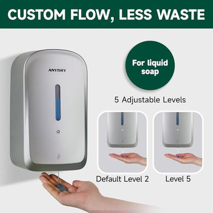 anydry Commercial Automatic Soap Dispenser Large 34oz/1000ml Capacity Wall-Mounted Touchless Liquid Dispenser for High-Traffic Restrooms, Offices, Hospitals Model AD1220S Silver - color: Silver