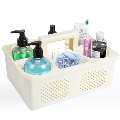 KMV Portable Shower Caddy Dorm: Features handles and adjustable compartments，Ventilation and Drainage Hole Design Cleaning Basket，ideal for toiletries， Essential for college dorms-beige - color: Berige