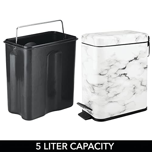 mDesign Small Modern 1.3 Gallon Rectangle Metal Lidded Step Trash Can, Compact Garbage Bin with Removable Liner Bucket and Handle for Bathroom, Kitchen, Craft Room, Office, Garage - White Marble - color: White Marble, size: 1.3 Gallon