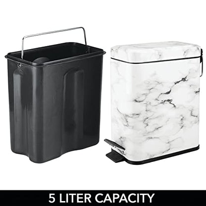 mDesign Small Modern 1.3 Gallon Rectangle Metal Lidded Step Trash Can, Compact Garbage Bin with Removable Liner Bucket and Handle for Bathroom, Kitchen, Craft Room, Office, Garage - White Marble - color: White Marble, size: 1.3 Gallon