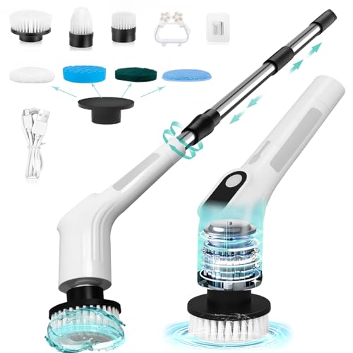 Electric Spin Scrubber, Waterproof Cordless Shower Cleaning Brush with Replaceable Brush Heads and Adjustable Extension Handle 2 Speeds for Bathtub Kitchen Wall Cleaning