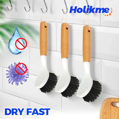 Holikme 3 Pack Cast Iron Brush and Scraper with Bamboo Handle – Skillet Scrubber with Tough Nylon Bristles, Kitchen Cleaner for Cleaning Skillet, Grill Pan, Black - color: Black