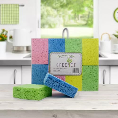 Cellulose Sponges Kitchen, for Washing Dishes, in Bulk, 24 Pack (3 Count x 8 Individually Wrapped + 2 Free Scouring Pads), 100% Natural Biodegradable - style: 24 Pack