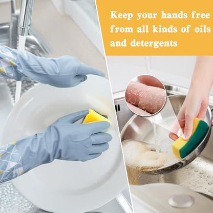 Dishwashing Cleaning Gloves with Cotton Lined, 3 Pairs | Reusable, Waterproof, Non-Slip, Elbow Length, Latex-Free Household Glove For Laundry Cleaning Working Gardening
