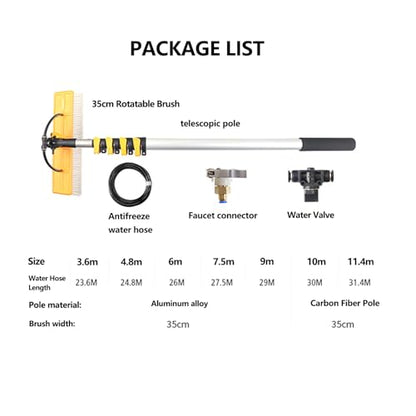 Solar Panel Cleaning Pole 30ft Telescopic Water Fed Brush Squeegee, Long Reach Solar Panel Cleaning Brush Water Fed, Window Pressure Washer with Widened 40cm Rotatable Brush - size: 9m
