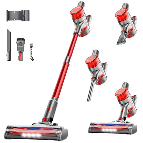Cordless Vacuum Cleaner, Powerful Stick Vacuum Cleaner for Home with Rechargeable Battery, 6-in-1 Lightweight Handheld Vacuum, 45 Mins Runtime for Hardfloor & Carpets Pet Hair (red) - color: Red