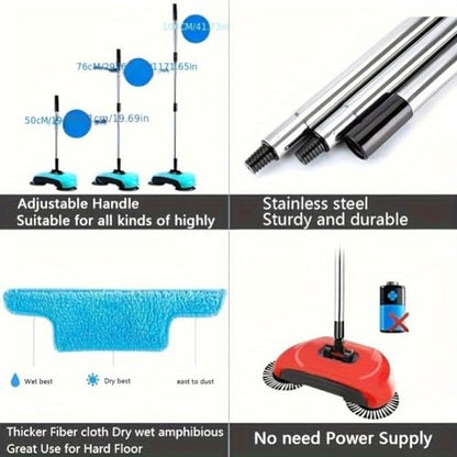 Manual Carpet Sweeper - 3-in-1 Hand Push Floor Cleaner with 360° Rotating Mop, Dustpan & Trash Bin for Hardwood and Ceramic Tile Cleaning - color: Lake Blue