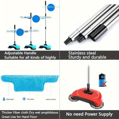 Manual Carpet Sweeper - 3-in-1 Hand Push Floor Cleaner with 360° Rotating Mop, Dustpan & Trash Bin for Hardwood and Ceramic Tile Cleaning - color: Bright Red