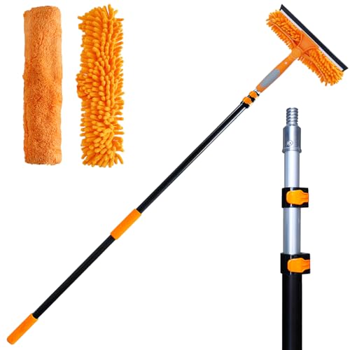 20 Ft+ Reach 2 In 1 Window Squeegee Duster with 5-to-12 Foot Extension Pole, Cleaner Tool with 3-Stage Telescoping Pole, Cleaning Kit with Rotatable Head - Chenille Cloth + Microfibre Cloths Head