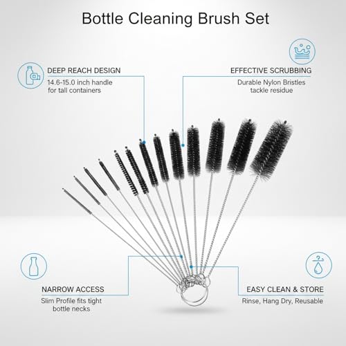 Long Handle Bottle Cleaning Brush for Narrow Neck Containers, Durable Nylon Bristles, Blue - size: 14.96 x 5.91 x 1.57 in