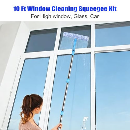 10 Feet Professional Squeegee Window Cleaner Tool with Extension Pole | Car Windshield Cleaning Kit with Long Handle, Queegee & Scrubber, Window Washing Equipment for Indoor Outdoor Windows & Glass
